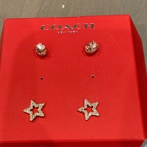 Coach NEW Signature Star Stud Set 2 Different Earrings Rose And Gold Tone
